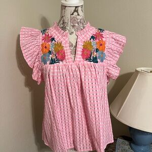 THML Pink Checkered Blouse with Floral Embroidery